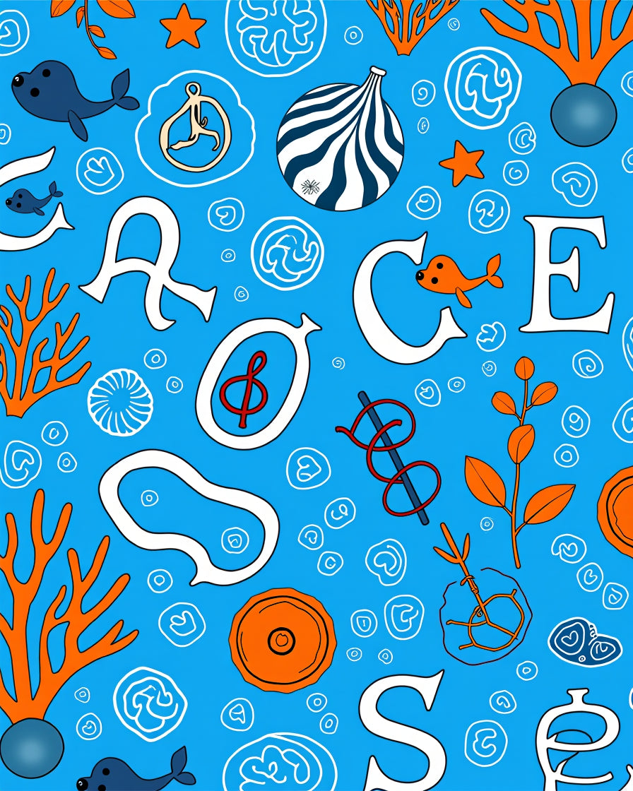Ocean Orange Sealife Alphabet Collage Rug