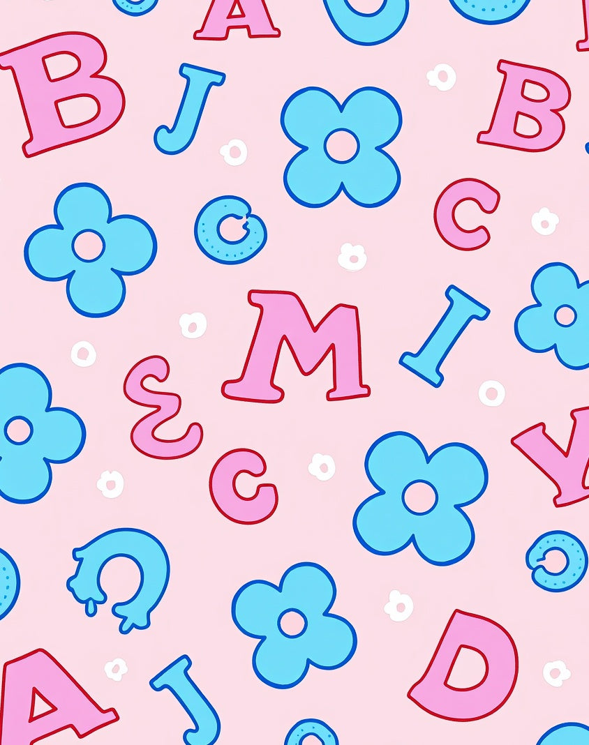 Pink Blue Alphabet Floral Playful Rug