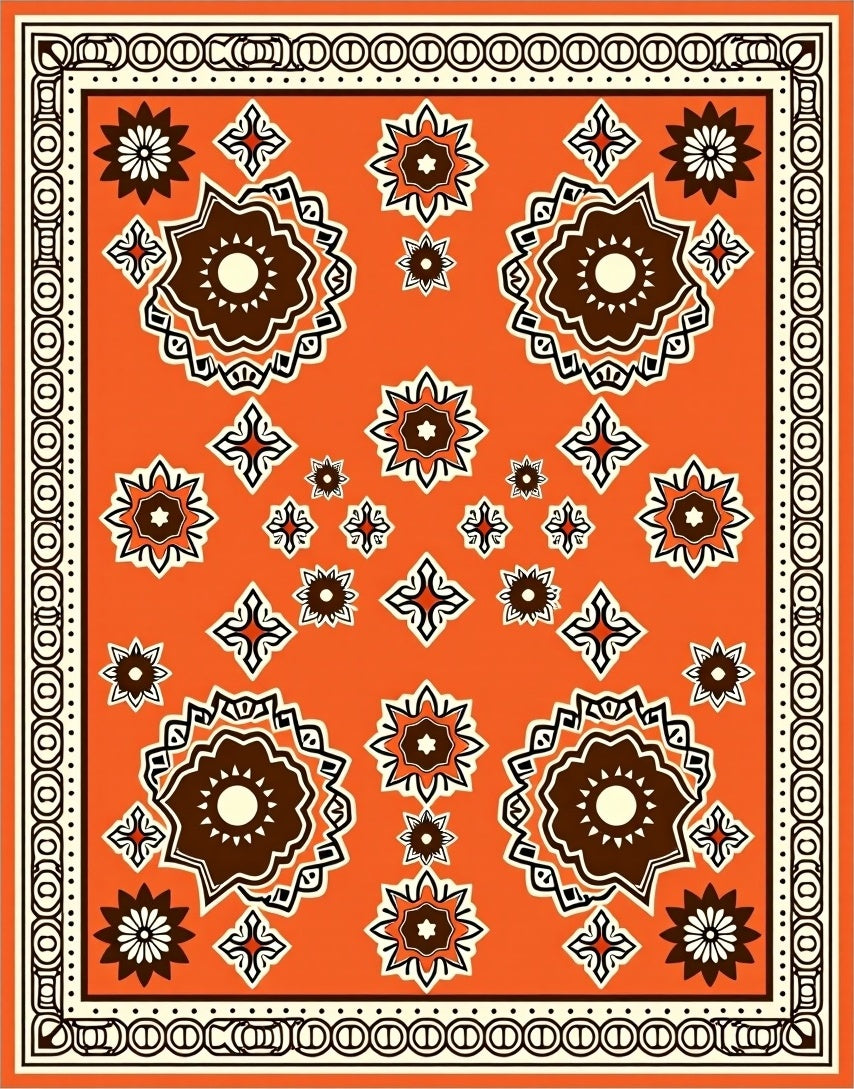 Bright Orange Floral Medallion Frame Rug