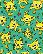 Playful Yellow Kittens Stars Beans Green Rug