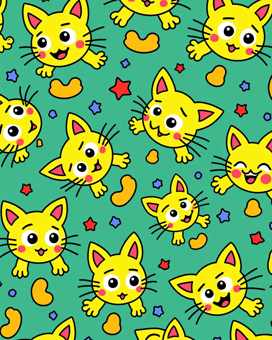 Playful Yellow Kittens Stars Beans Green Rug