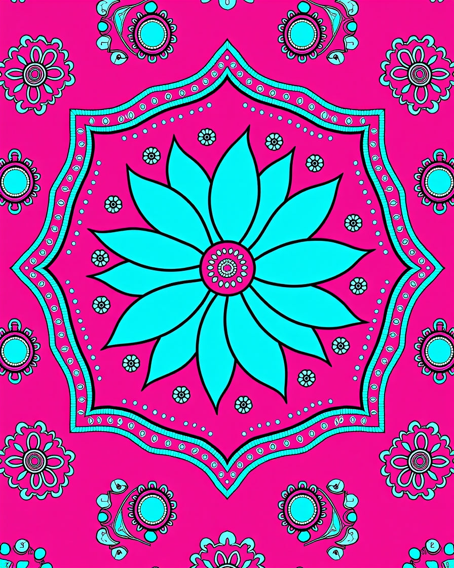 Vibrant Teal Floral Mandala Design Rug