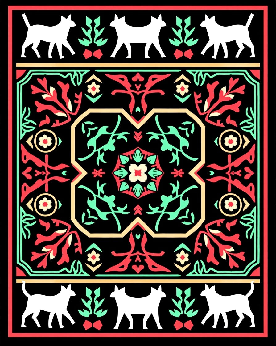 White Animals Red Green Floral Frame Rug
