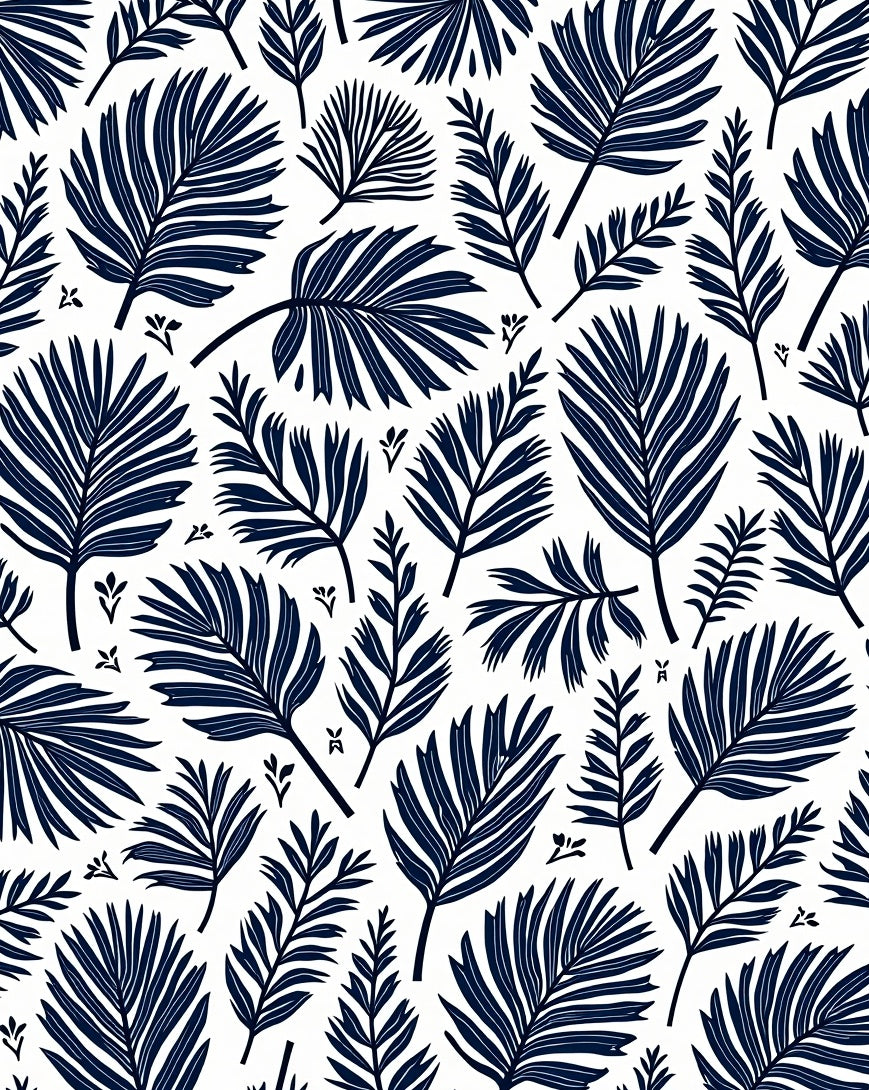 Navy Blue Tropical Palm Frond Collage Rug