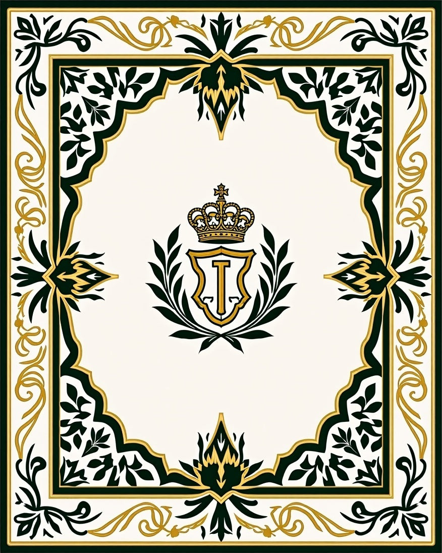 Ornate Gold and Green Crest Border Rug