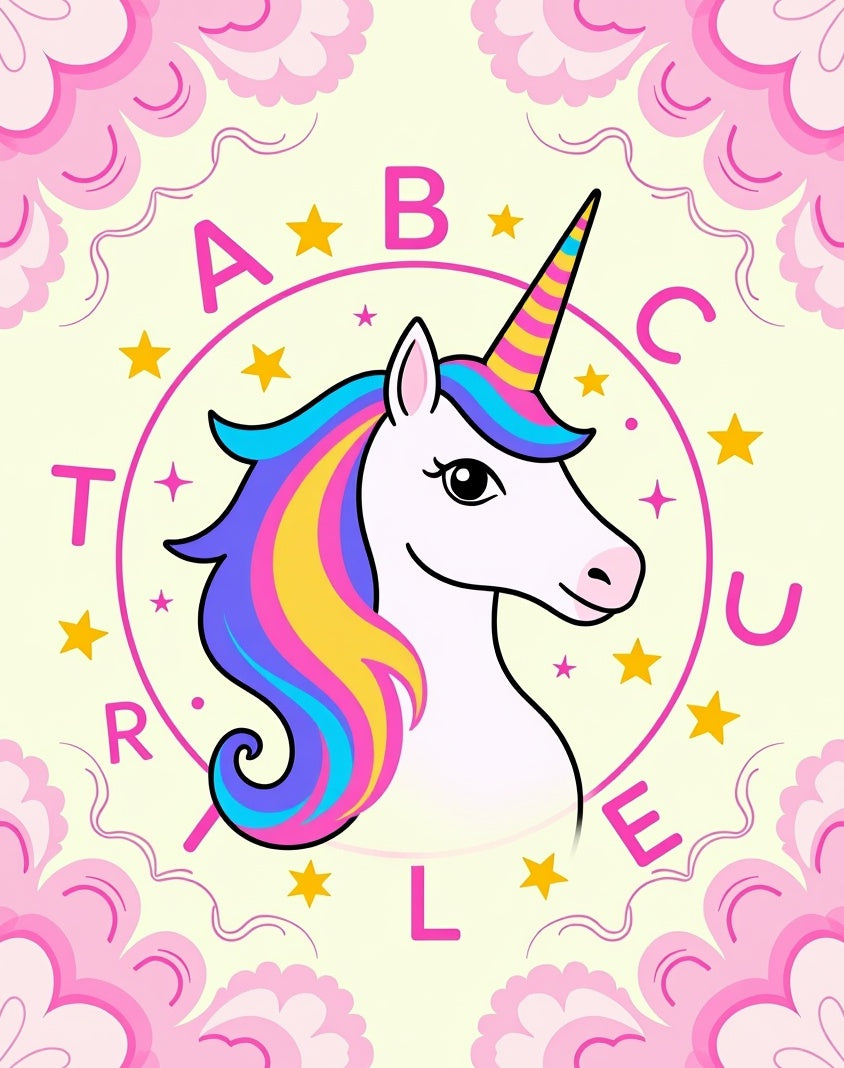 Whimsical Unicorn Rainbow Stars Alphabet Rug