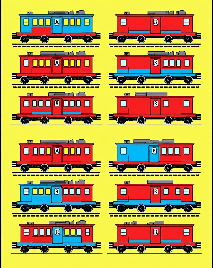 Retro Red Blue Train Cars Rug
