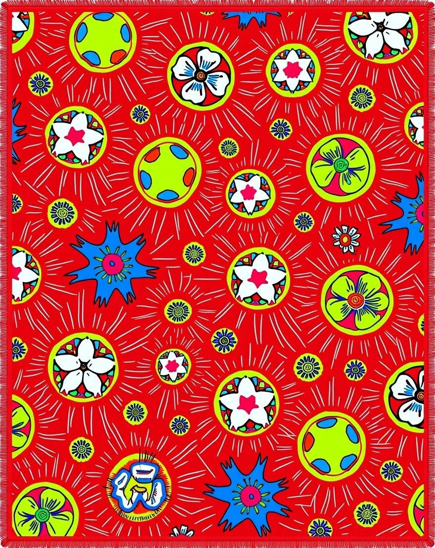 Bright Red Sunburst Floral Medallion Rug
