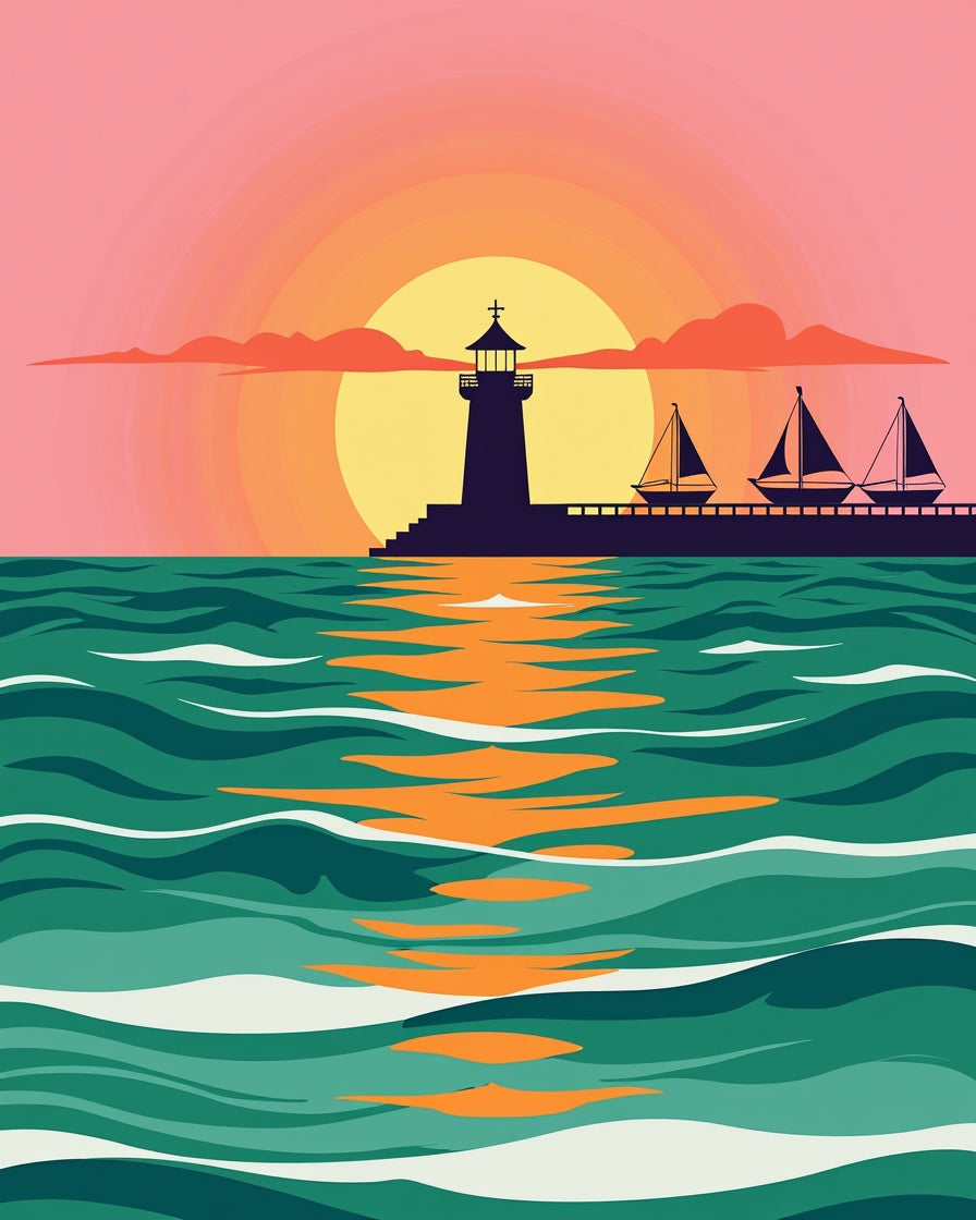 Coastal Sunset Lighthouse Sailboats Rug