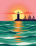 Coastal Sunset Lighthouse Sailboats Rug