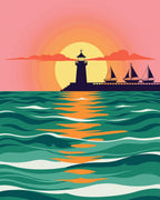 Coastal Sunset Lighthouse Sailboats Rug
