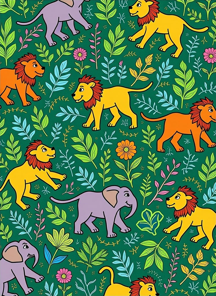 Jungle Lions Elephants Floral Garden on Green Rug