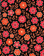 Crimson Coral Floral Vine Black Rug
