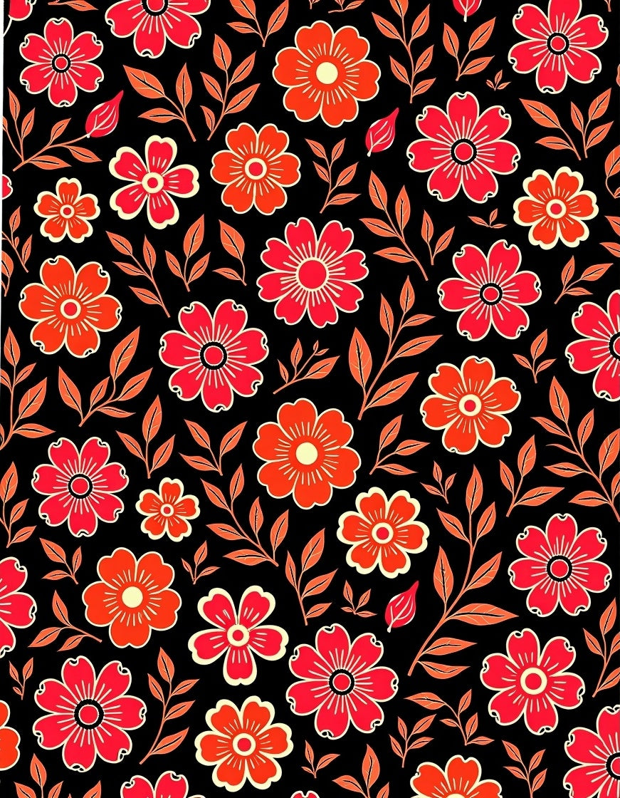 Crimson Coral Floral Vine Black Rug