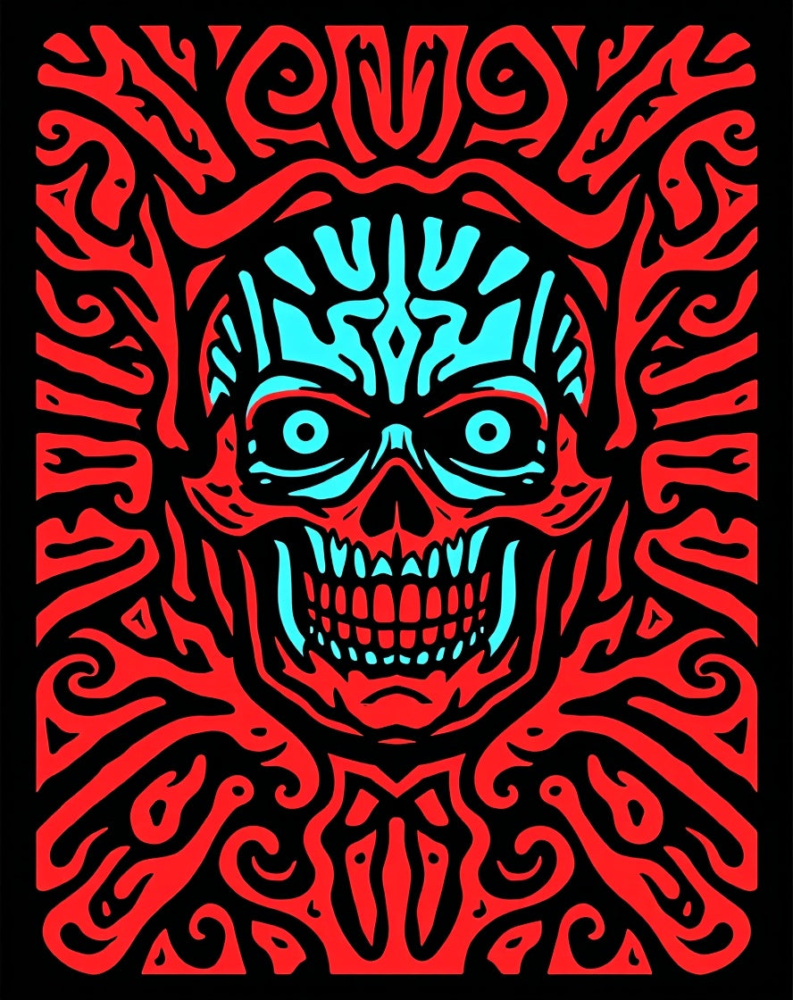 Fiery Red Cyan Skull Swirls Rug