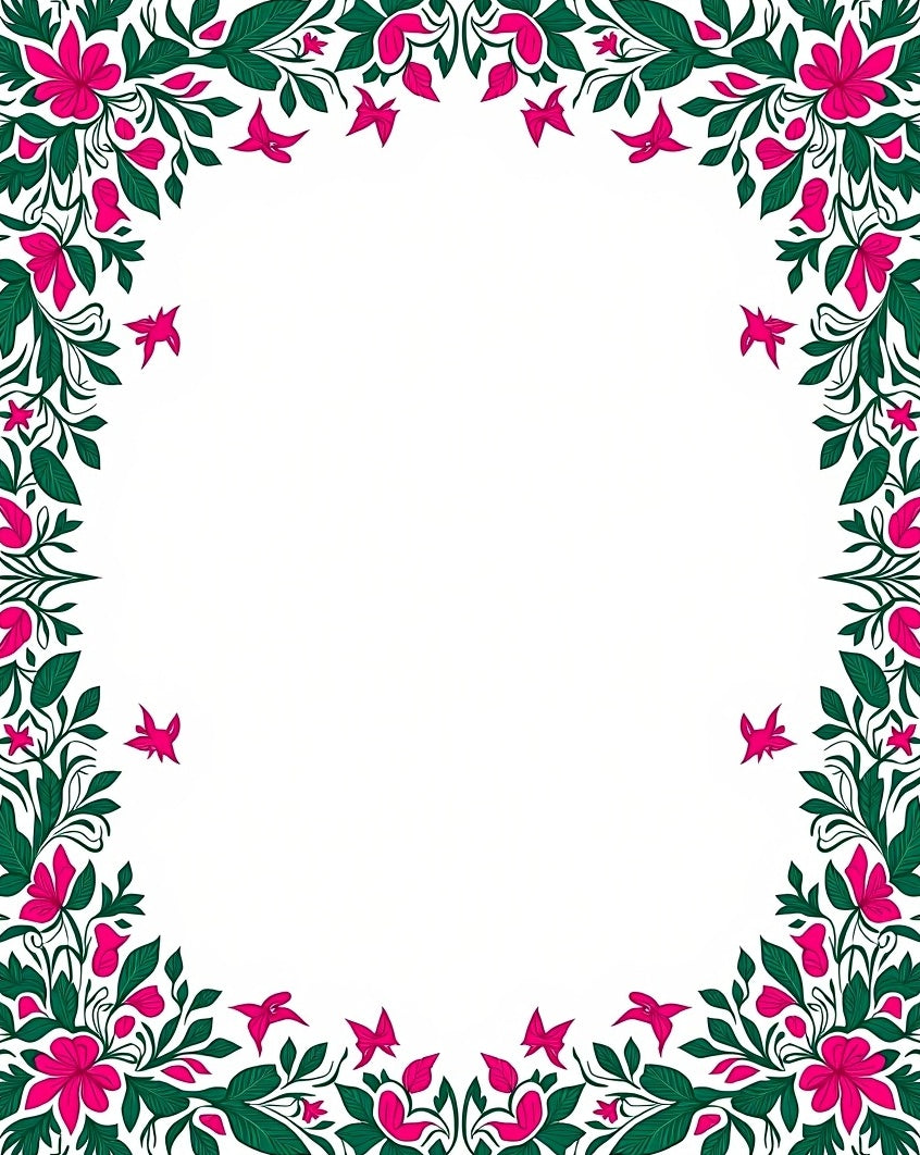 Vibrant Pink Floral Greenery Border Rug