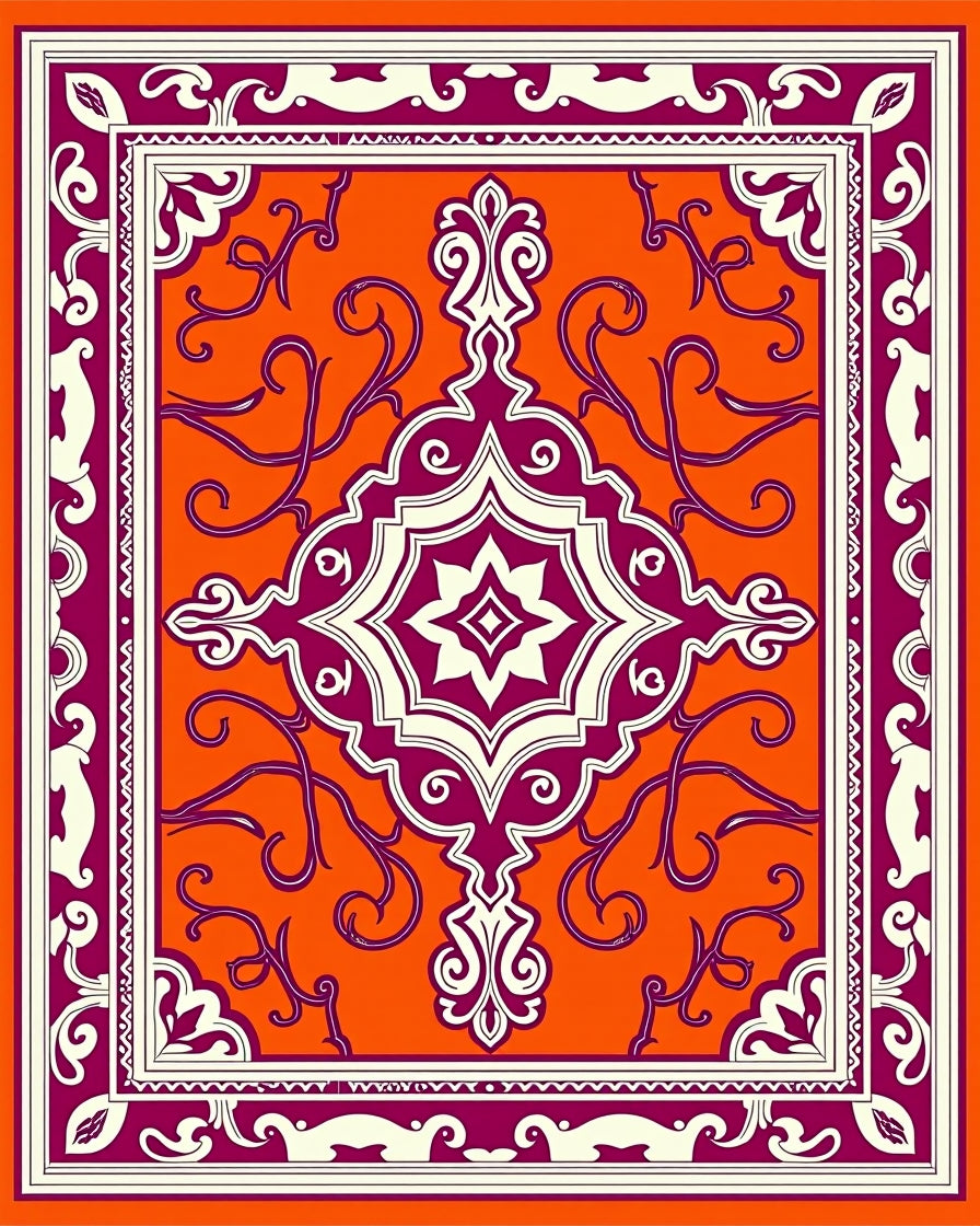 Vibrant Orange Plum Medallion Border Rug