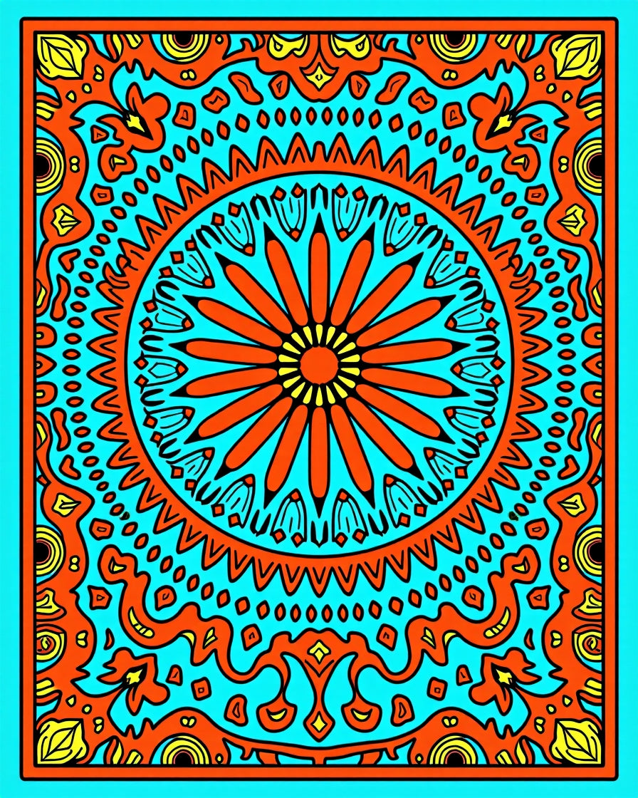 Vivid Orange Sun Mandala Turquoise Rug