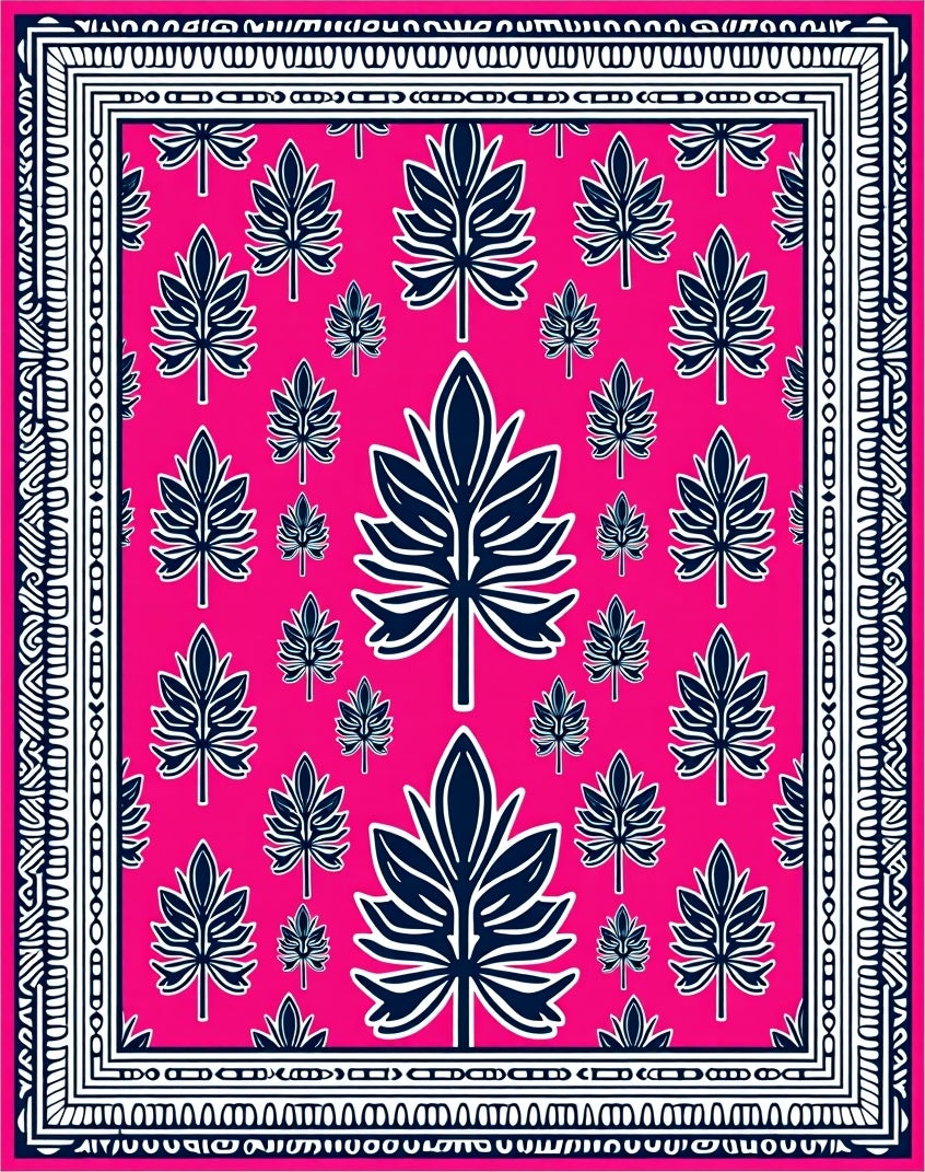 Vivid Pink Navy Leaf Scatter Area Rug