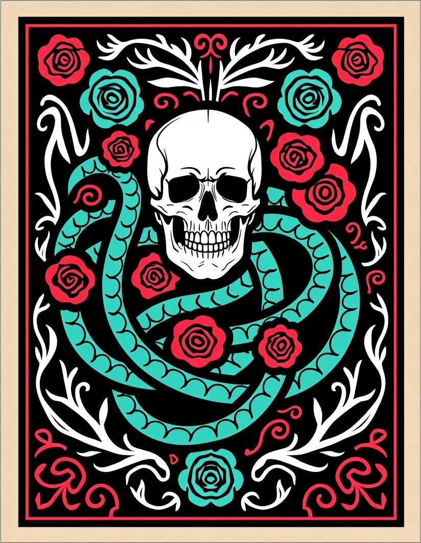 Crimson Teal Skull Serpent Floral Rug