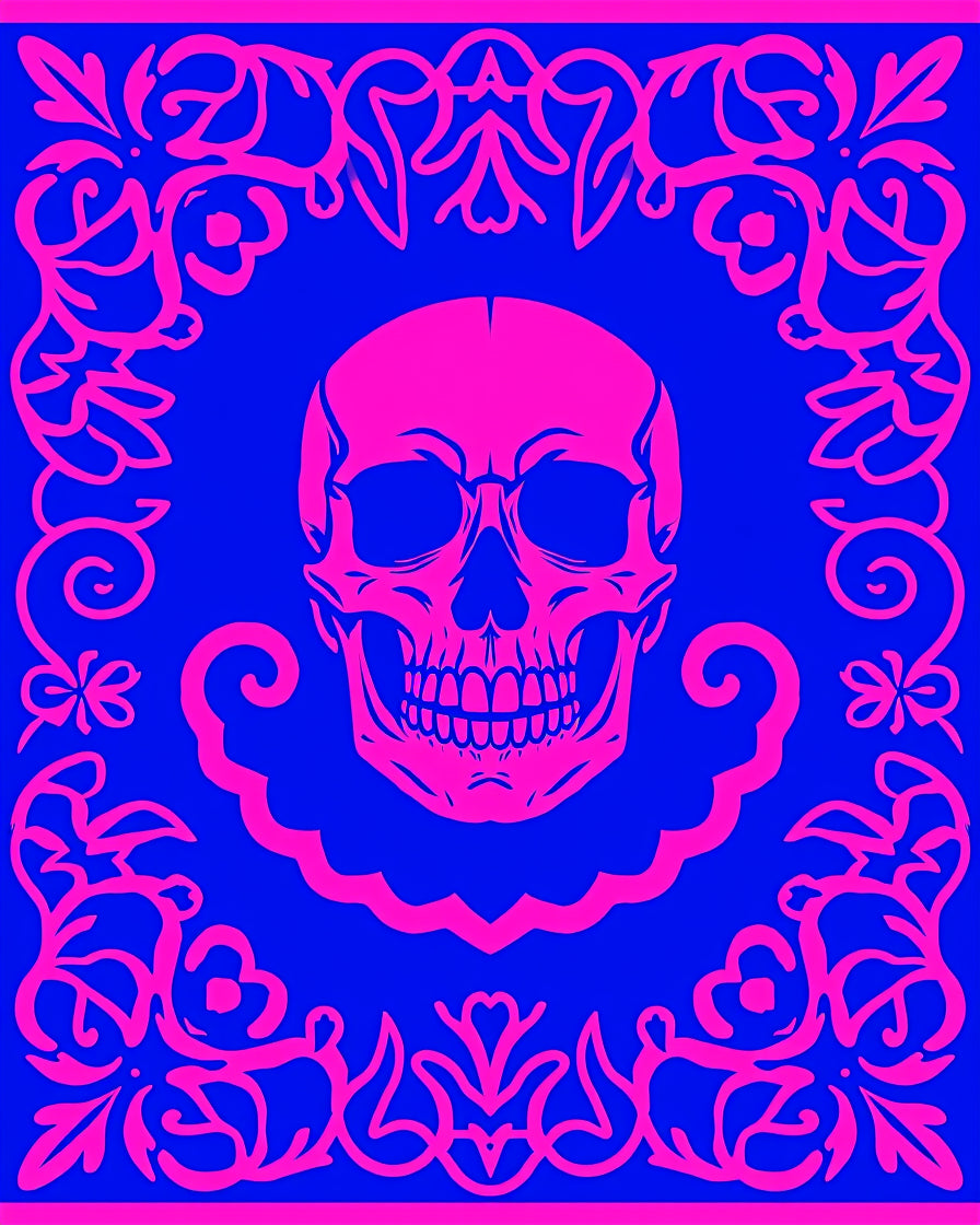 Pink Skull Floral Frame Blue Rug