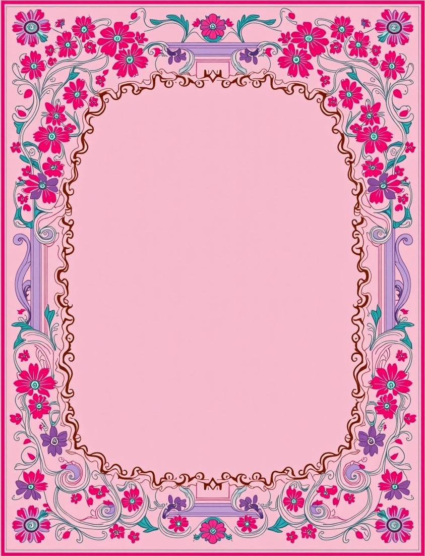 Vibrant Pink Floral Vines Border Rug