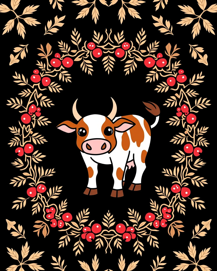 Whimsical Cow and Berry Laurel Frame Rug