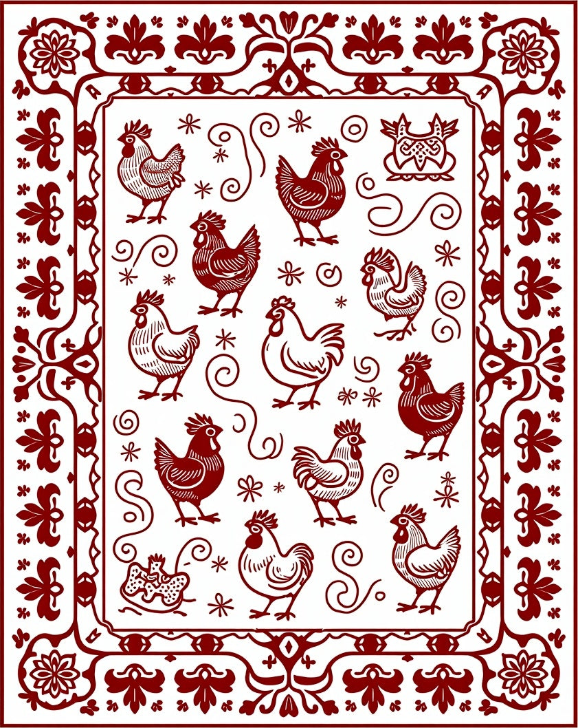 Barnyard Roosters Red Border Rug