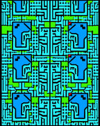 Vibrant Blue Green Abstract Maze Rug