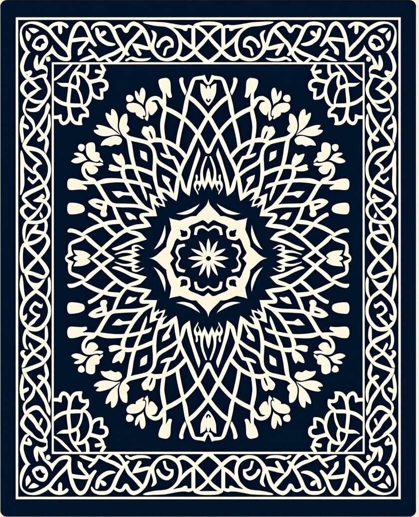 Deep Navy Cream Intricate Mandala Rug