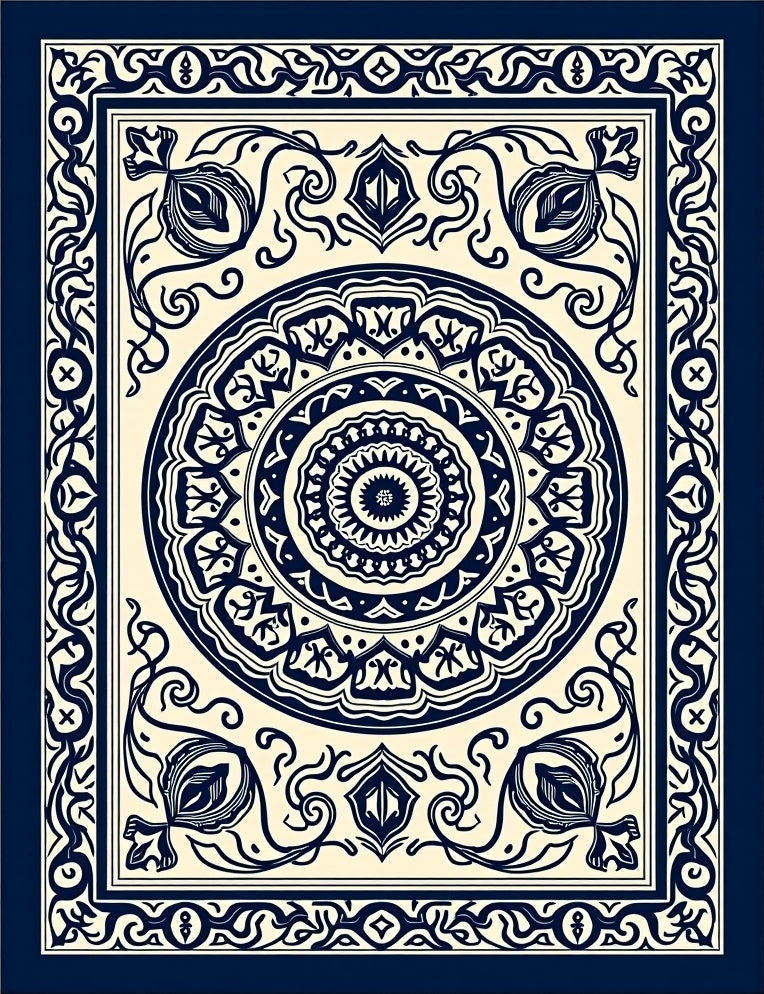 Navy Cream Floral Medallion Intricate Rug