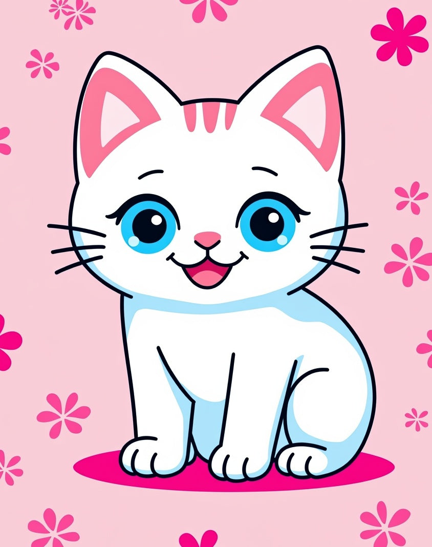 Cute White Cat Blue Eyes Pink Flowers Rug