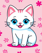 Cute White Cat Blue Eyes Pink Flowers Rug