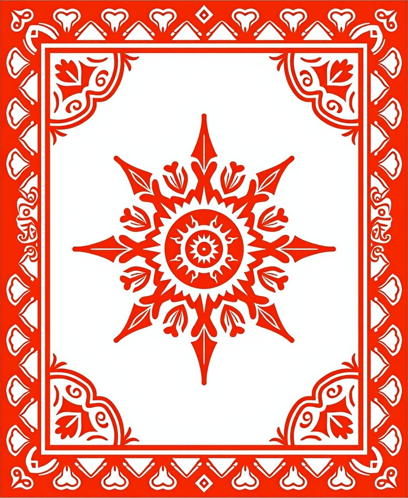 Vibrant Red Sunburst Mandala Border Rug