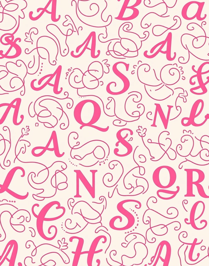 Pink Script Alphabet Swirls Rug