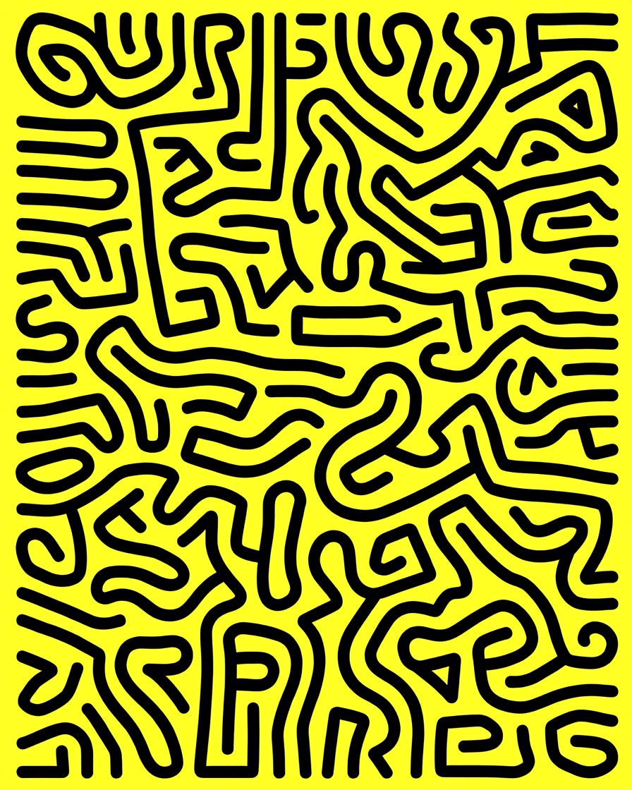 Bold Black Abstract Maze Yellow Rug
