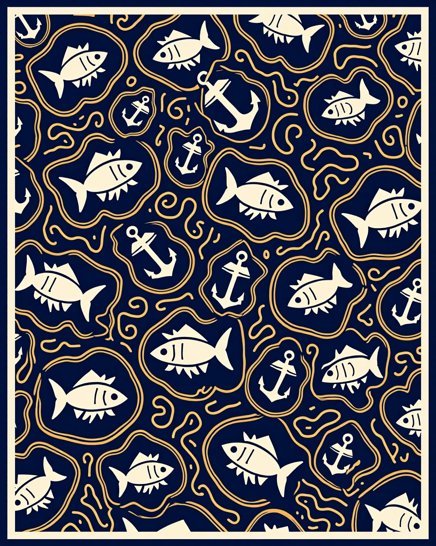 Navy Cream Fish Anchor Swirls Rug