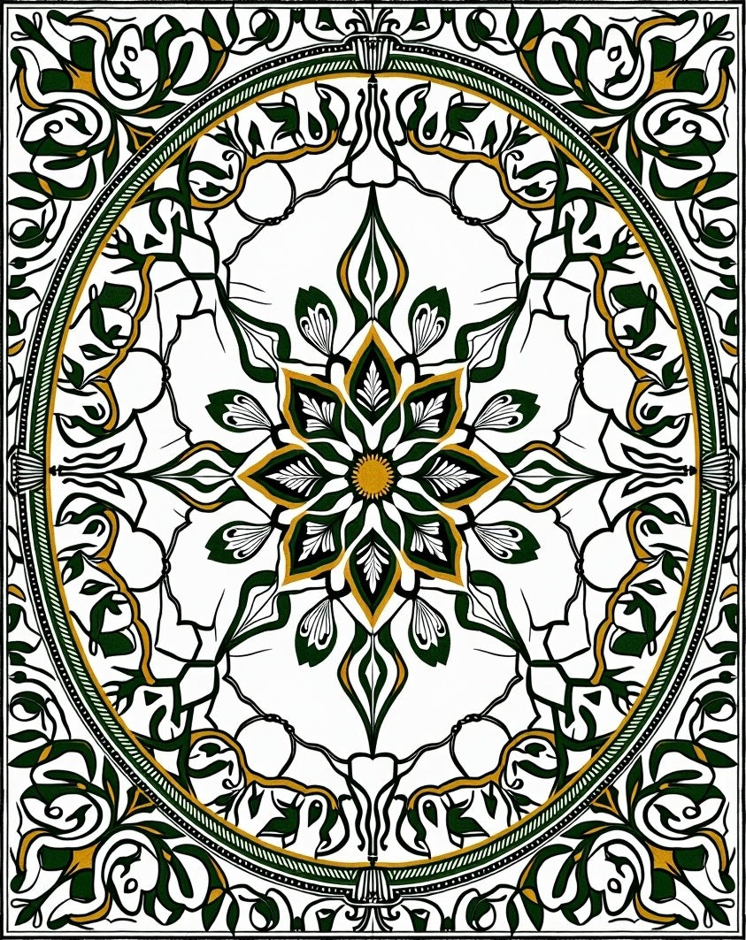 Elaborate Green Gold Floral Mandala Rug
