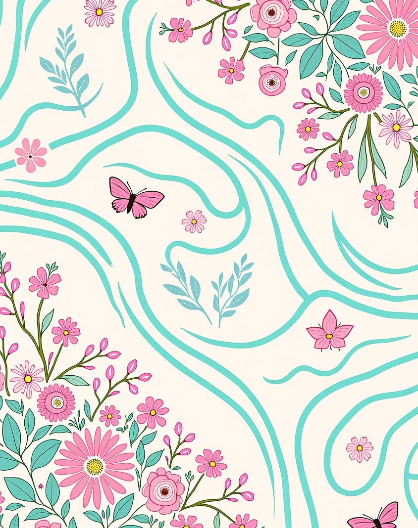 Whimsical Pink Floral Butterfly Swirl Rug