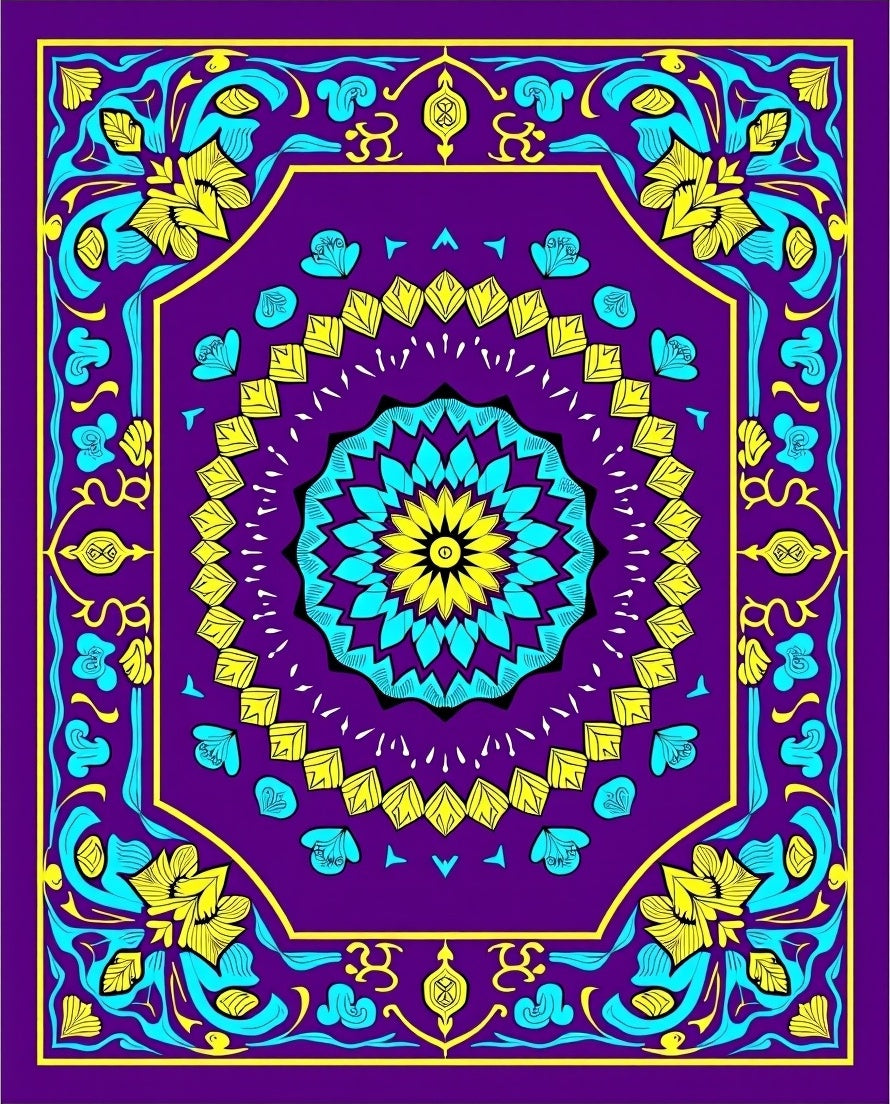 Vibrant Purple Teal Yellow Floral Mandala Rug