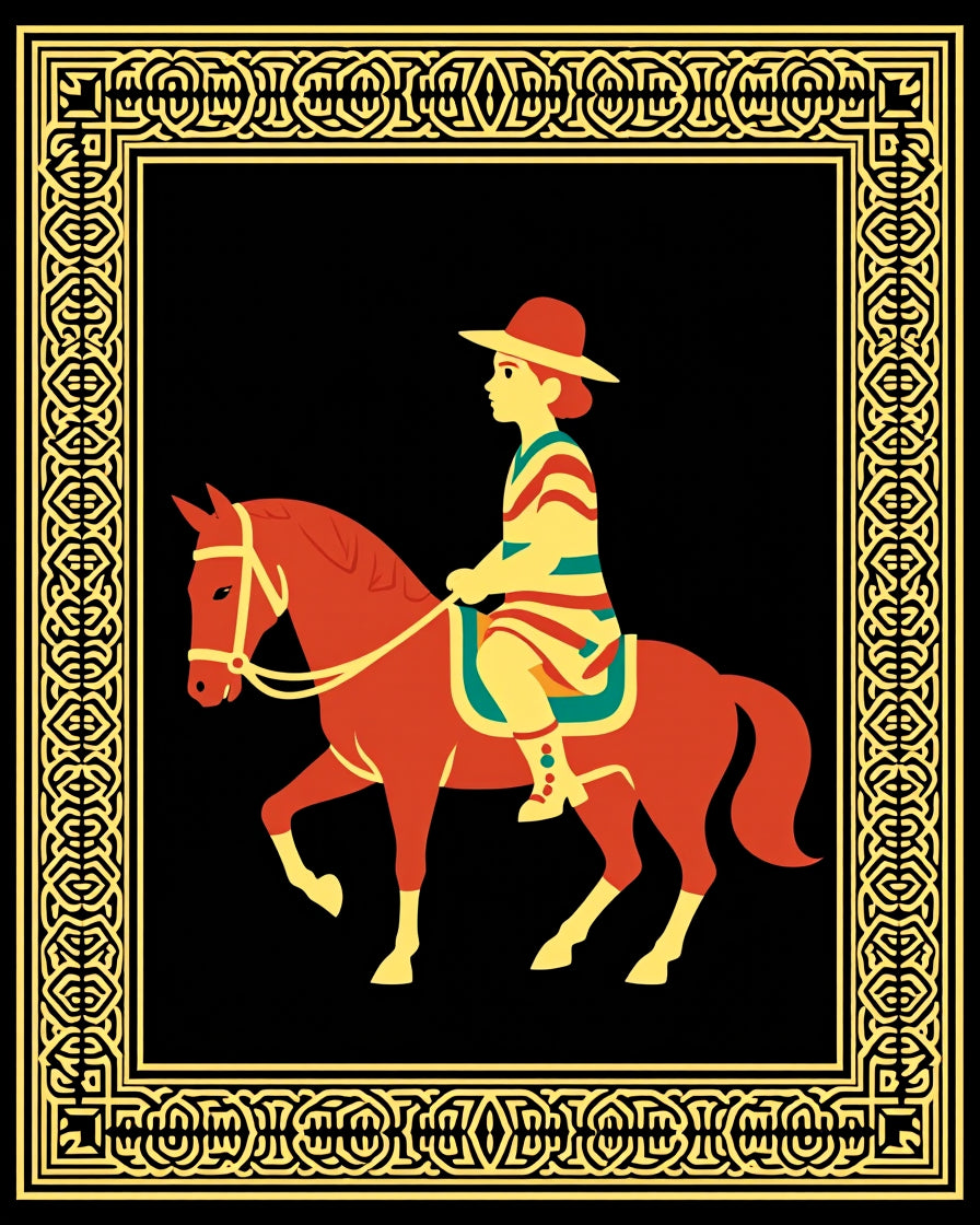 Red Orange Horse Rider Geometric Border Rug