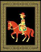 Red Orange Horse Rider Geometric Border Rug
