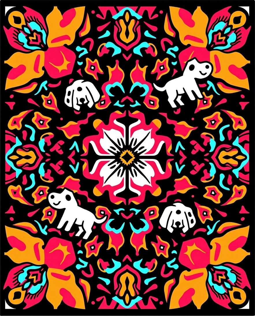 Vibrant Floral Dog Medallion Black Rug