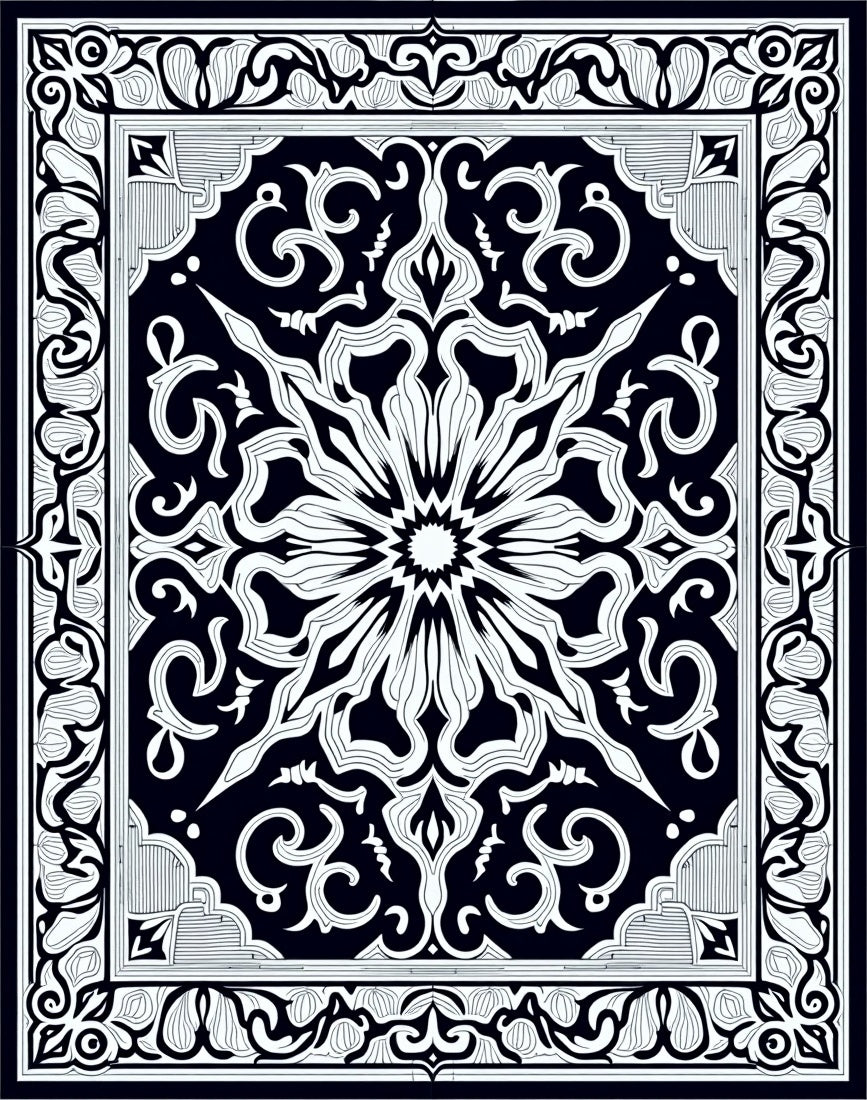 Intricate Black White Floral Medallion Rug