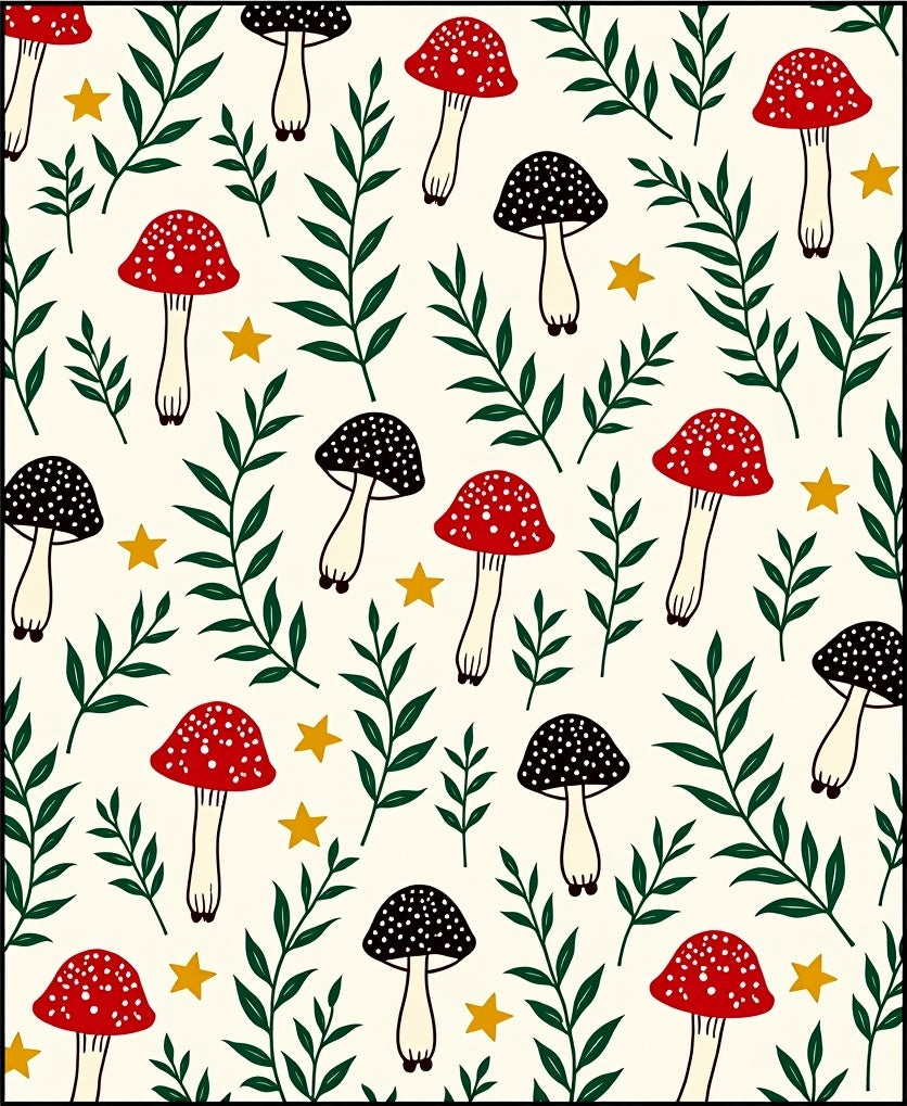 Whimsical Red Black Mushroom Garden Stars Rug