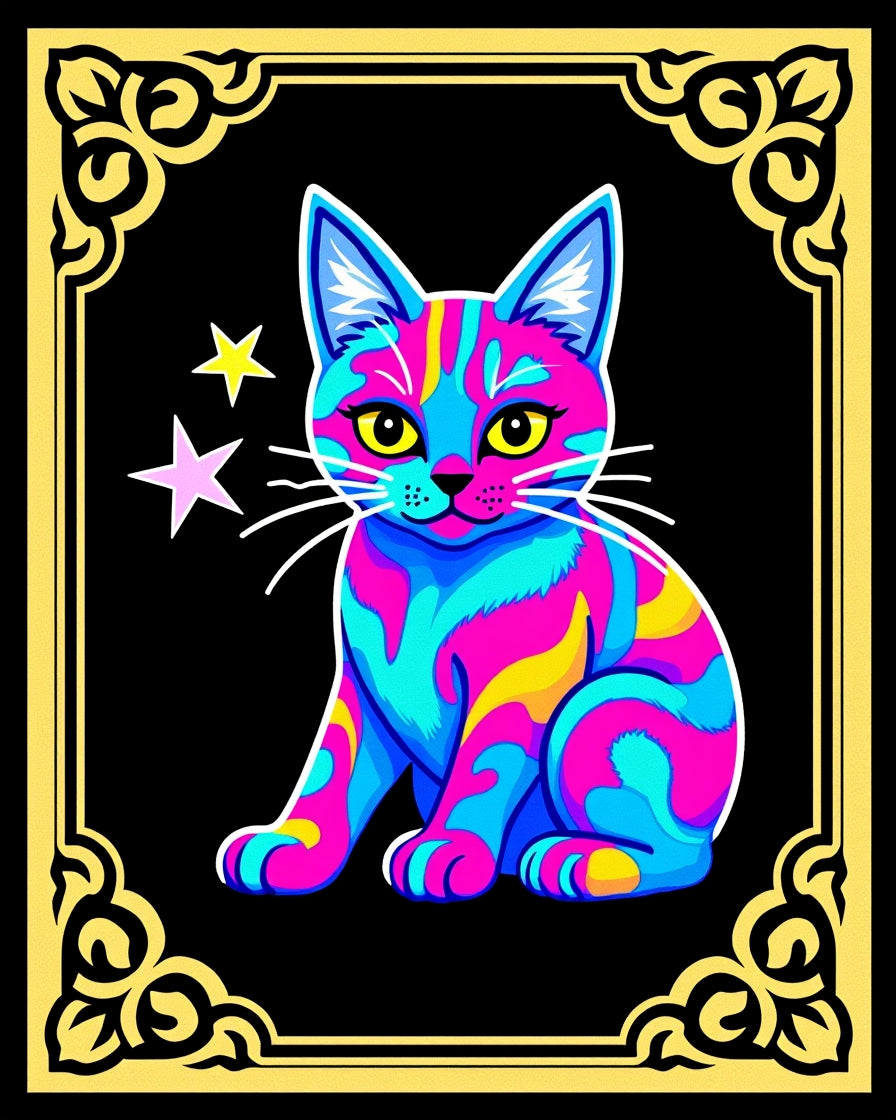 Vibrant Neon Swirl Cat Stars Rug
