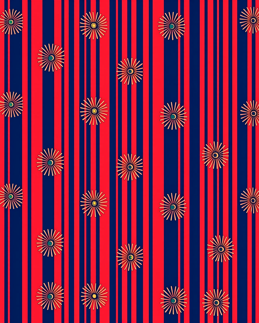 Red Navy Stripe Floral Burst Rug