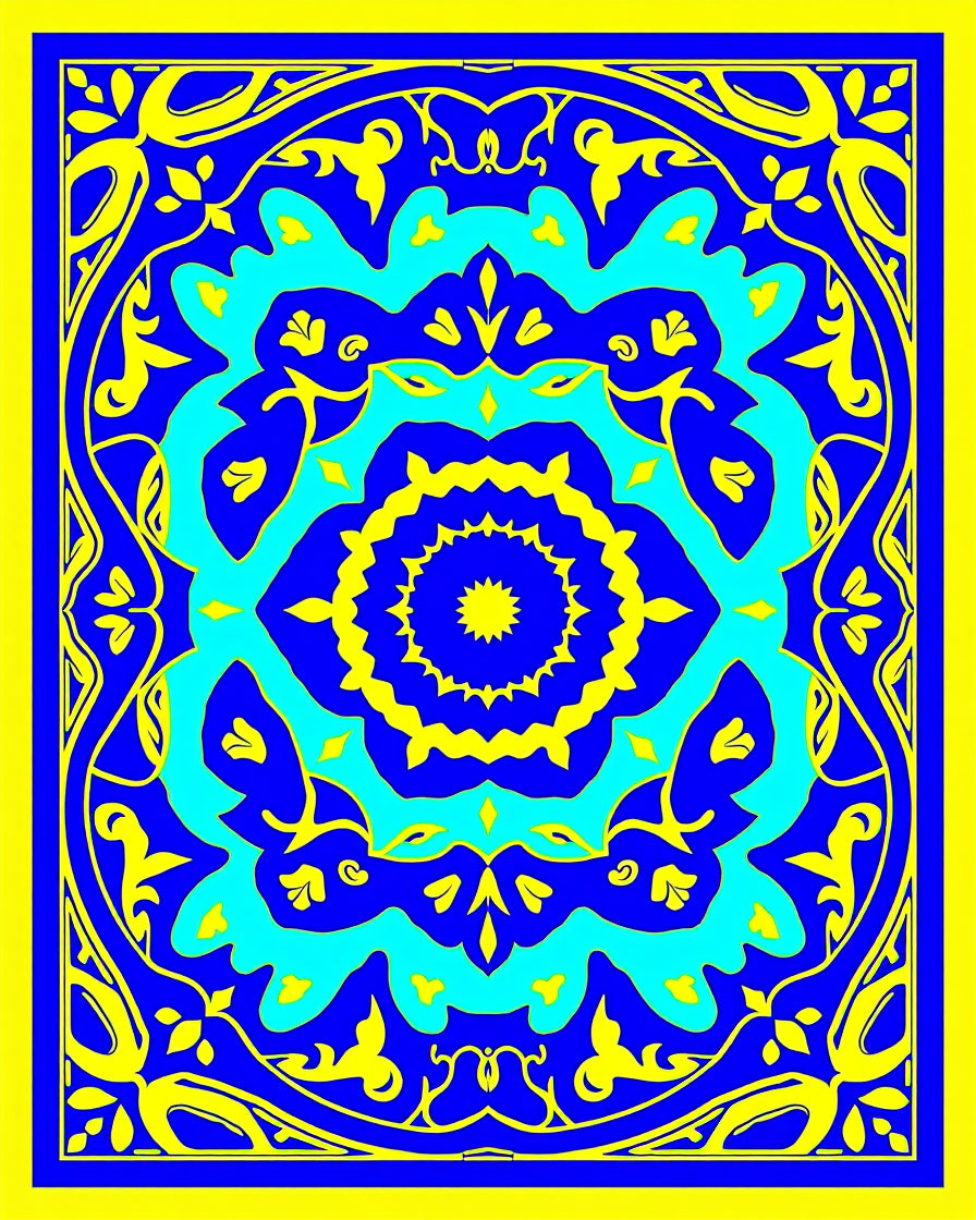 Bold Yellow Blue Floral Medallion Rug