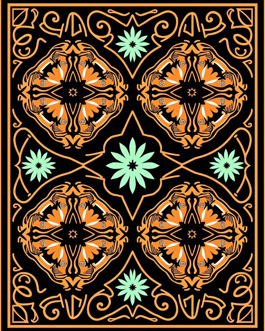 Orange Black Mint Green Floral Mandala Rug