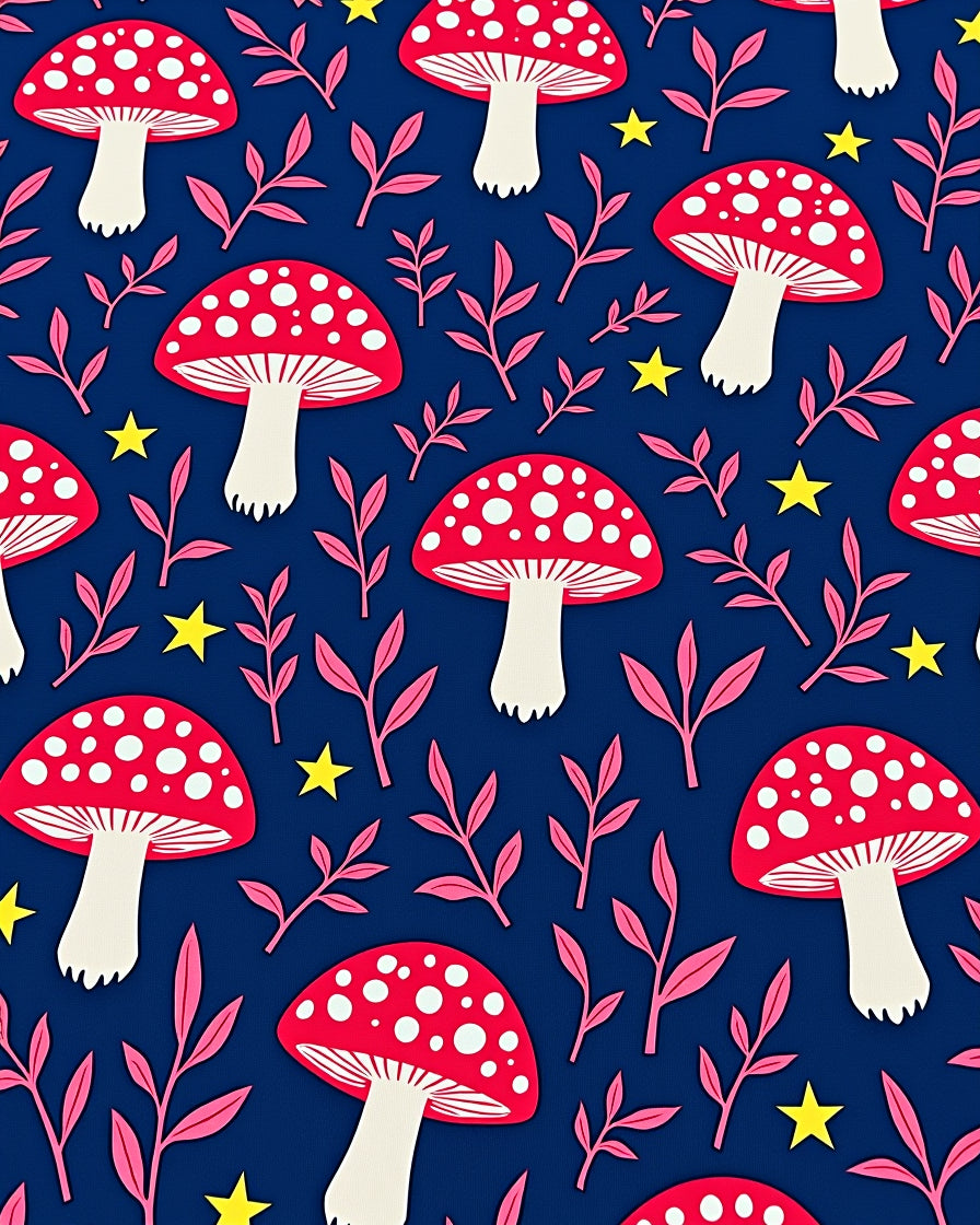 Whimsical Red Mushroom Stars Navy Rug